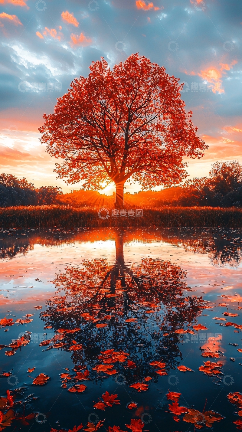 高清大图下载【趣麦麦图】红叶树倒影