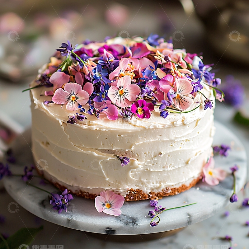 高清大图下载【趣麦麦图】鲜花装饰的奶油蛋糕