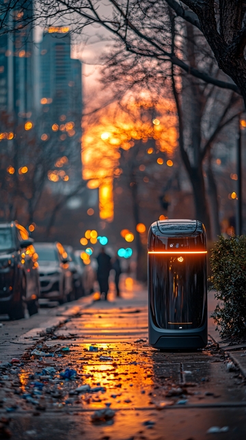 傍晚城市街道智能垃圾桶