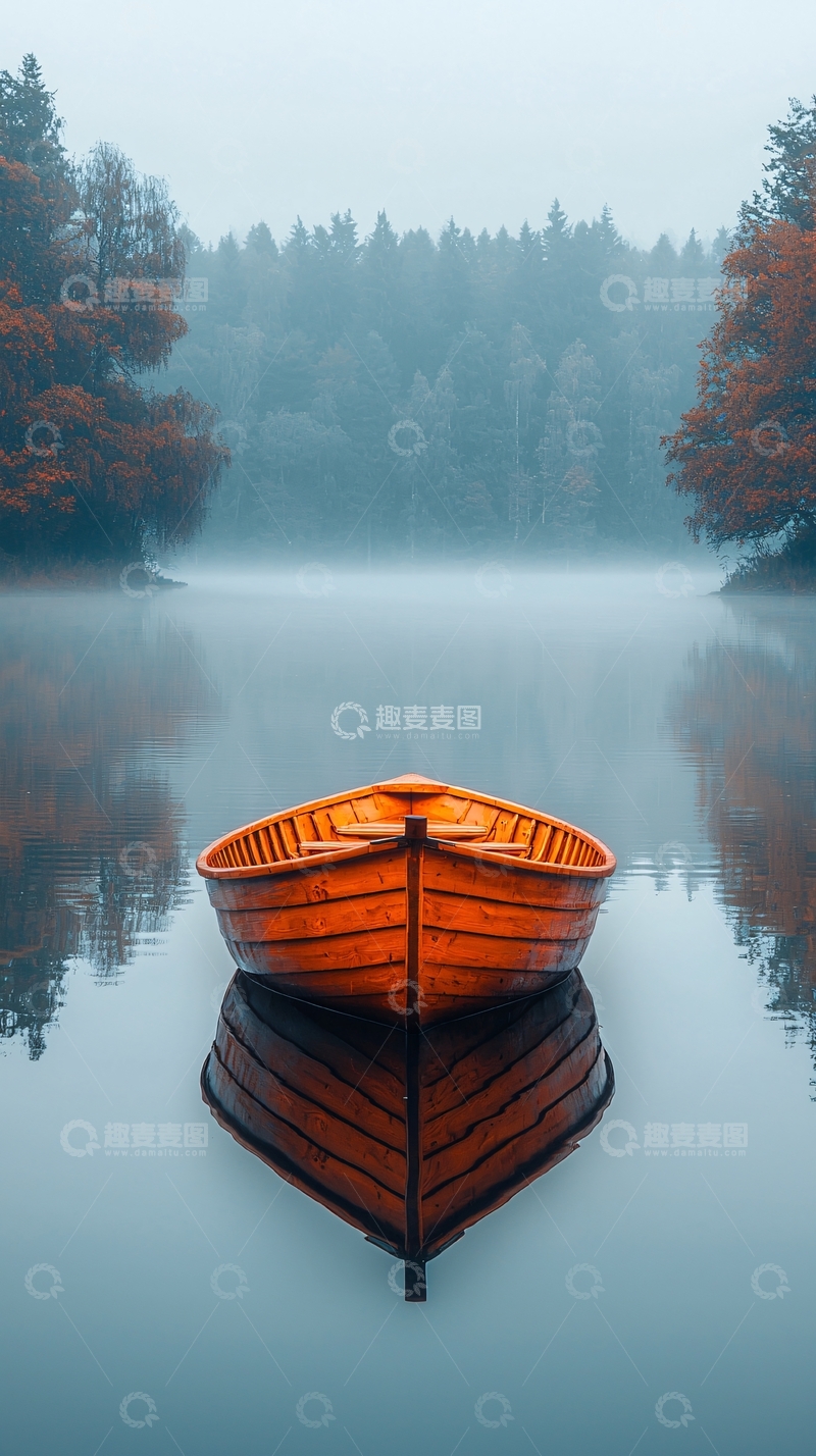 高清大图下载【趣麦麦图】橙色小船静泊湖面