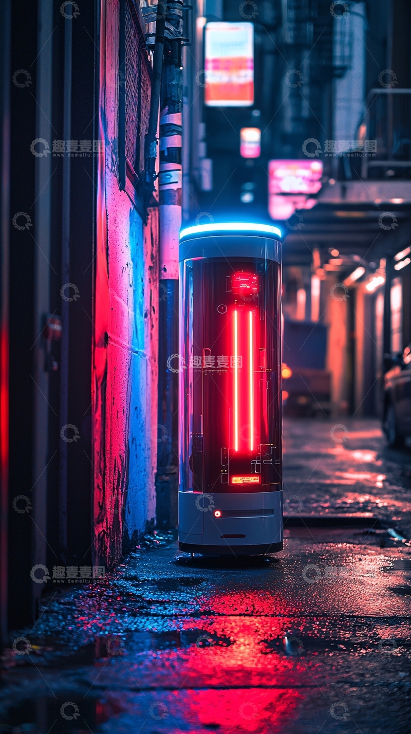 高清大图下载【趣麦麦图】霓虹灯雨夜街道机器人