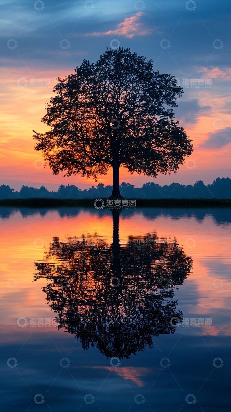 高清大图下载【趣麦麦图】日出时分树木倒影