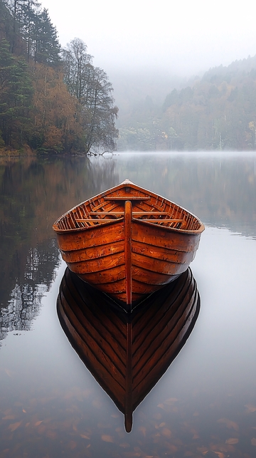 湖面上的木船倒影