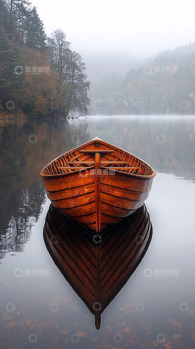 高清大图下载【趣麦麦图】湖面上的木船倒影