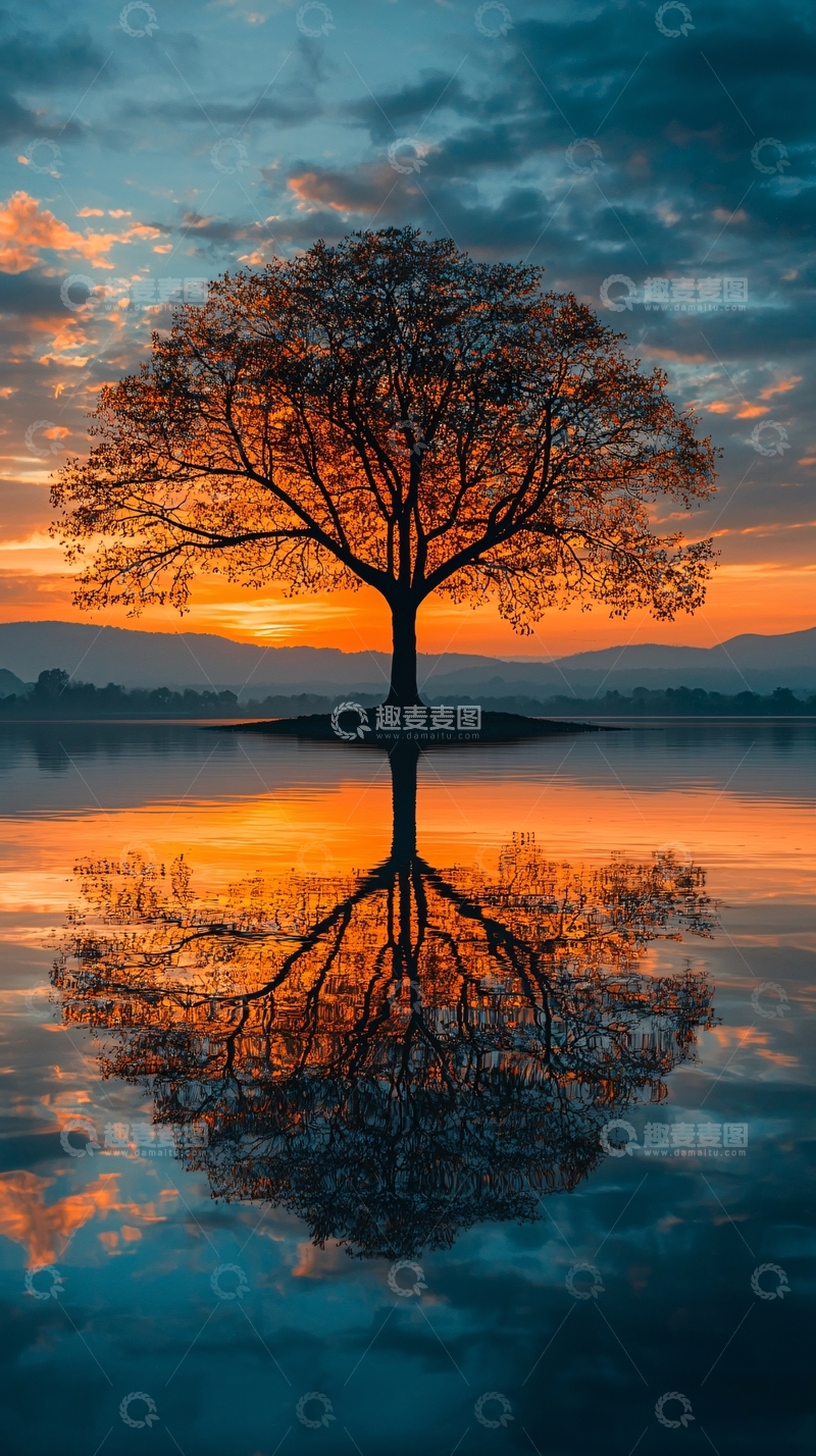 高清大图下载【趣麦麦图】日落湖边孤树倒影
