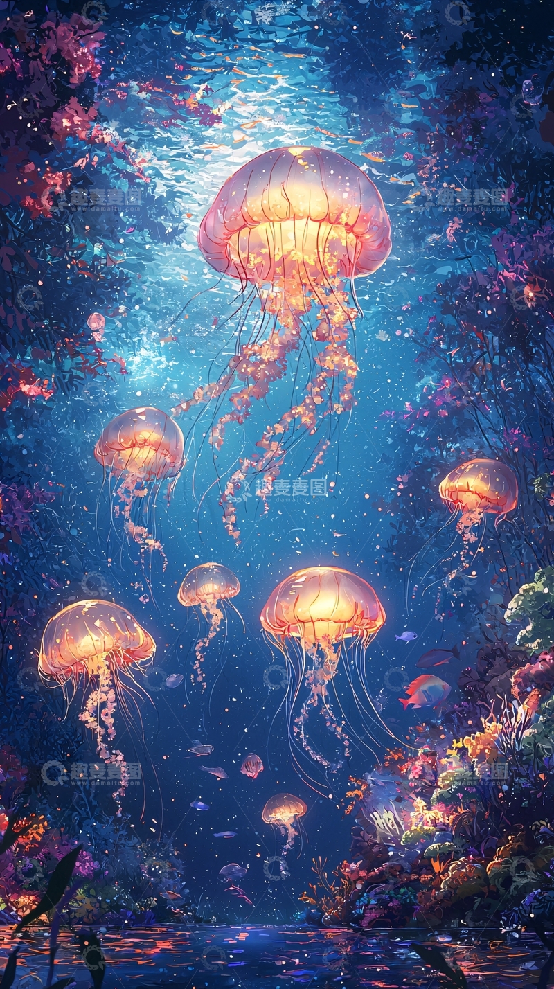 高清大图下载【趣麦麦图】水母在梦幻般的水下花园中