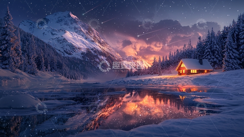 高清大图下载【趣麦麦图】冬季小屋雪山倒影