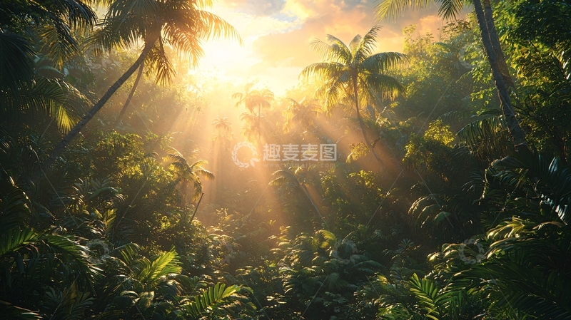高清大图下载【趣麦麦图】热带雨林日出阳光穿过树叶