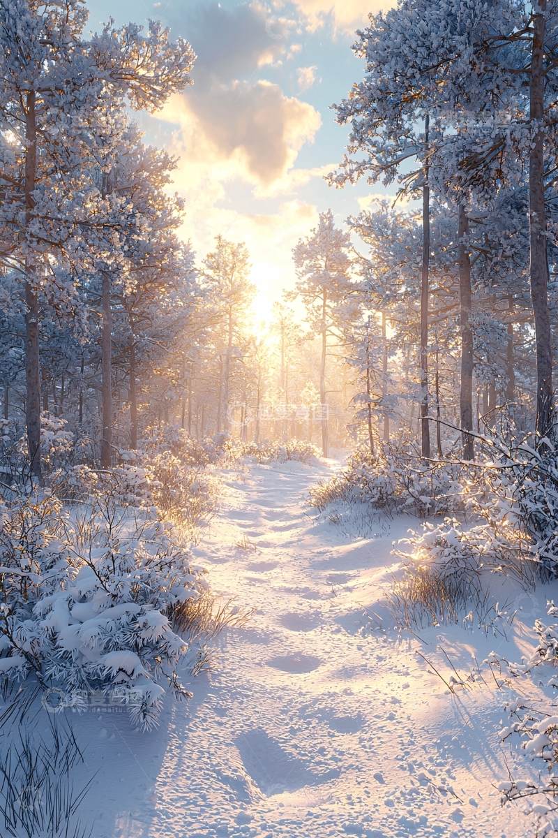 高清大图下载【趣麦麦图】冬日阳光穿透雪林