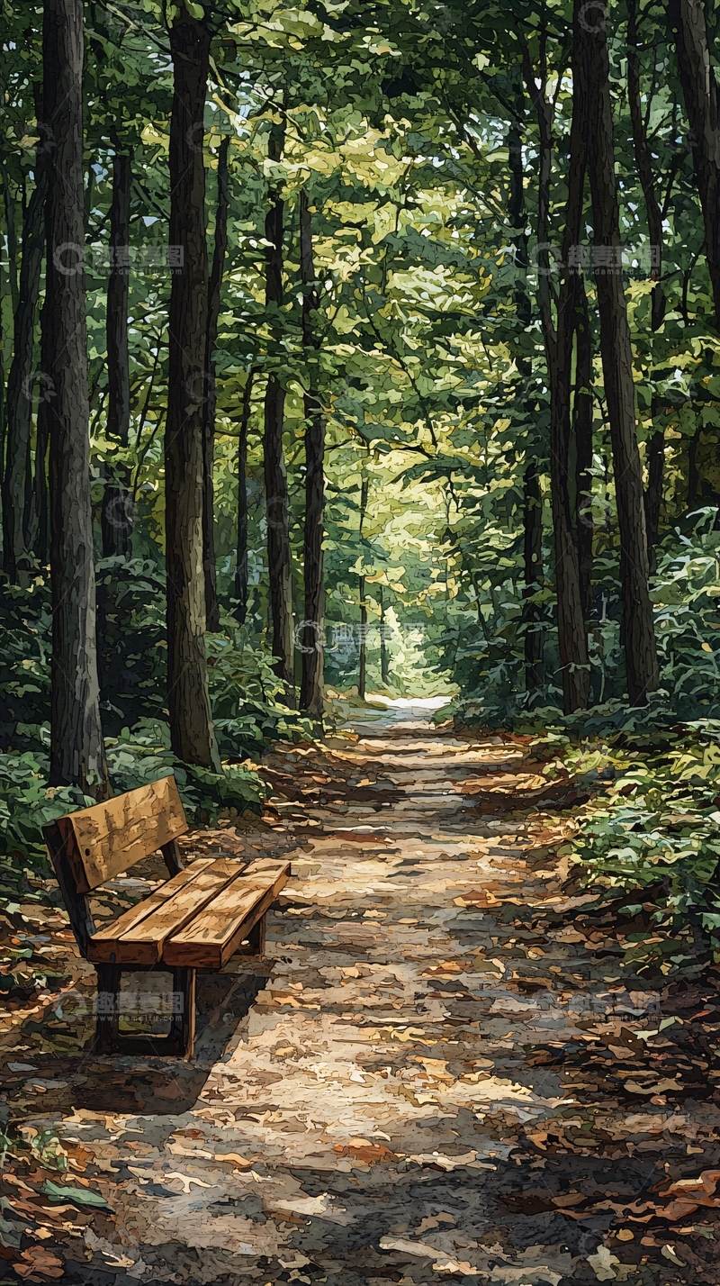 高清大图下载【趣麦麦图】森林小路长椅