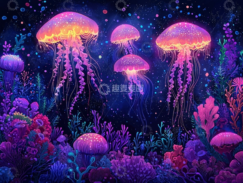 高清大图下载【趣麦麦图】梦幻水母在深海发光