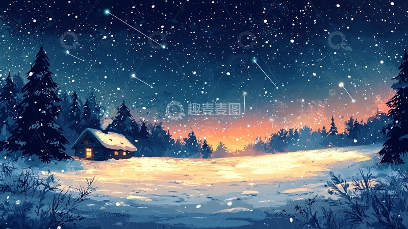 高清大图下载【趣麦麦图】冬夜雪景小屋