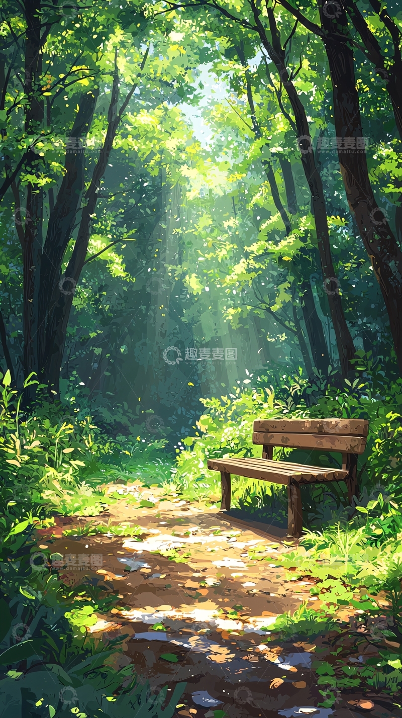 高清大图下载【趣麦麦图】森林小路长椅