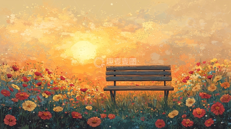 高清大图下载【趣麦麦图】夕阳下的花田长椅