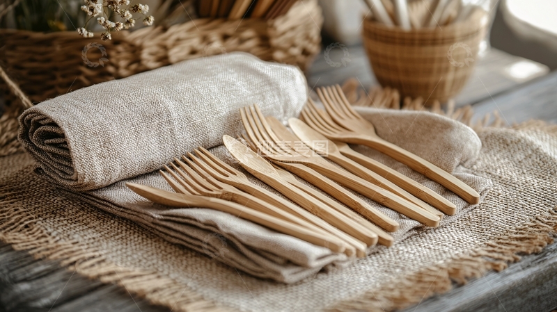 高清大图下载【趣麦麦图】木质餐具与亚麻布的静物
