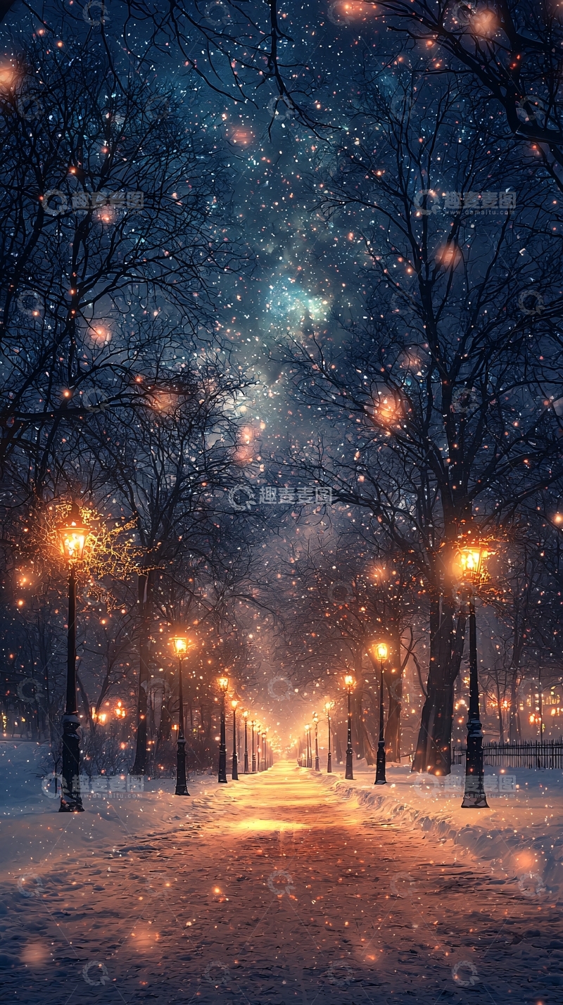 高清大图下载【趣麦麦图】冬夜雪景街道