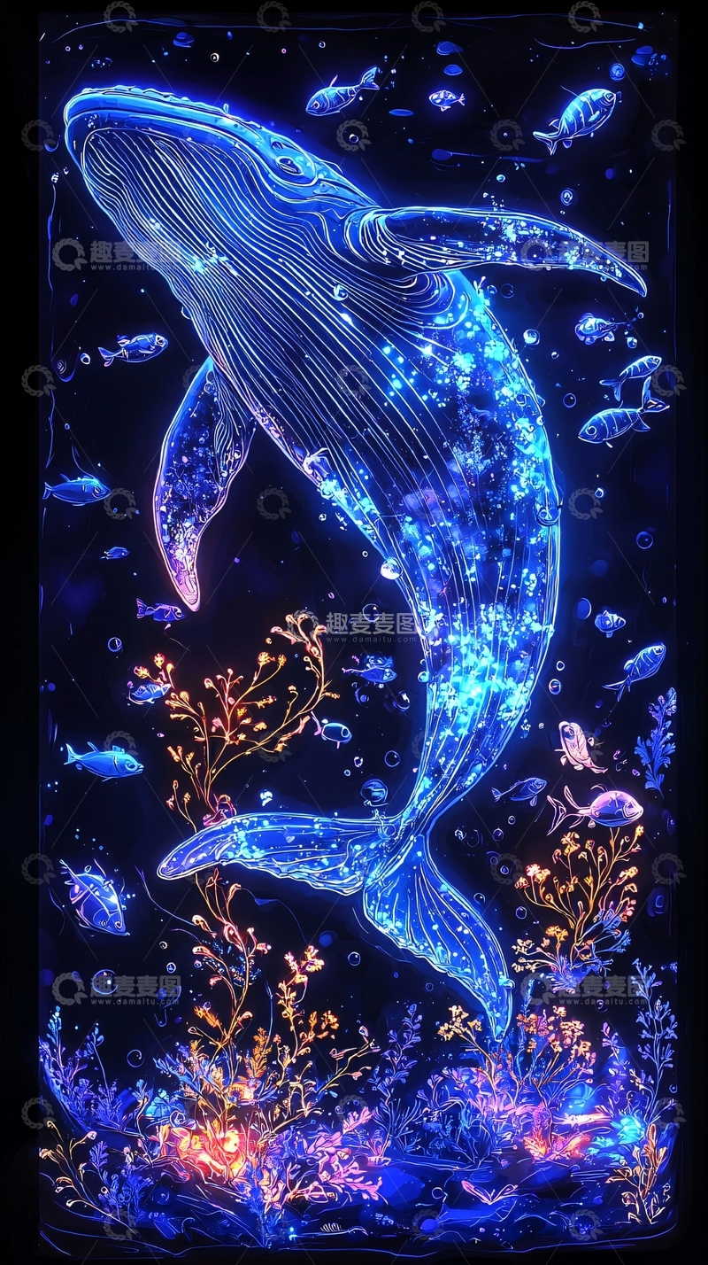 高清大图下载【趣麦麦图】蓝色发光鲸鱼在深海中