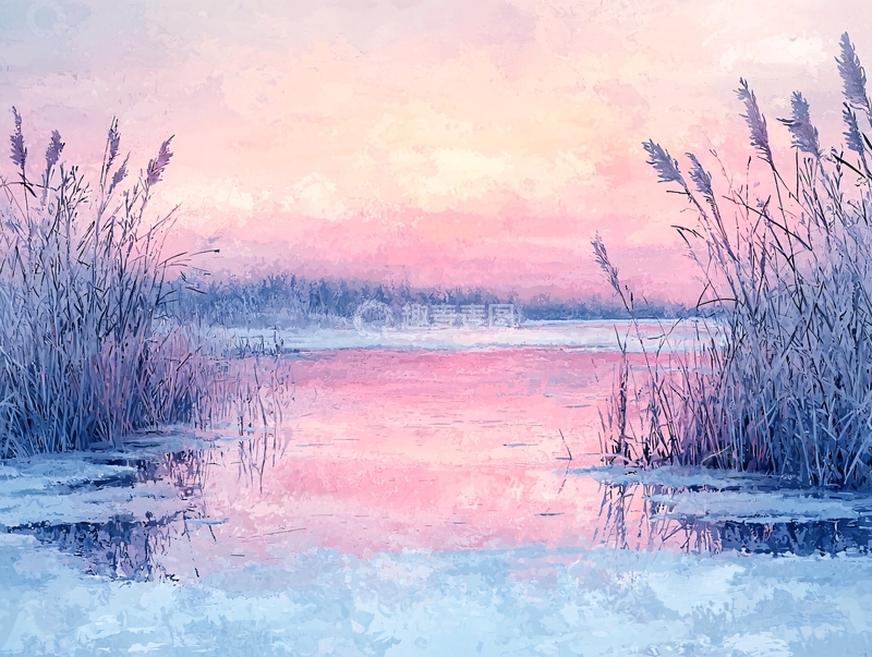 高清大图下载【趣麦麦图】粉色天空下的冬日湖畔
