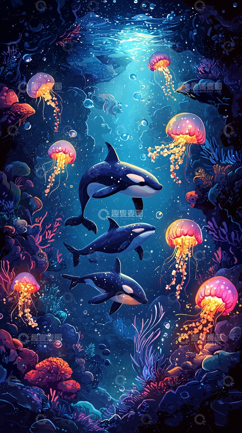 高清大图下载【趣麦麦图】深海鲸鱼与水母梦幻场景