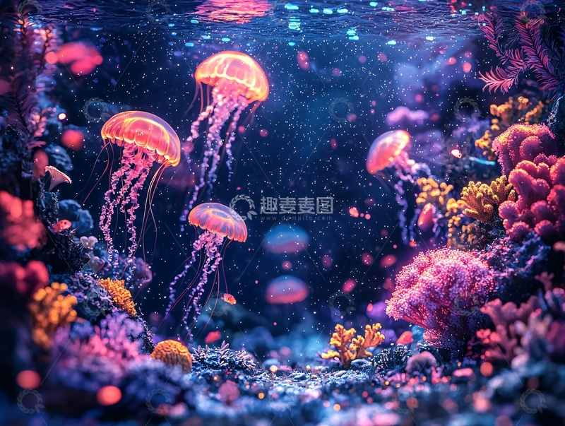 高清大图下载【趣麦麦图】梦幻水母珊瑚礁