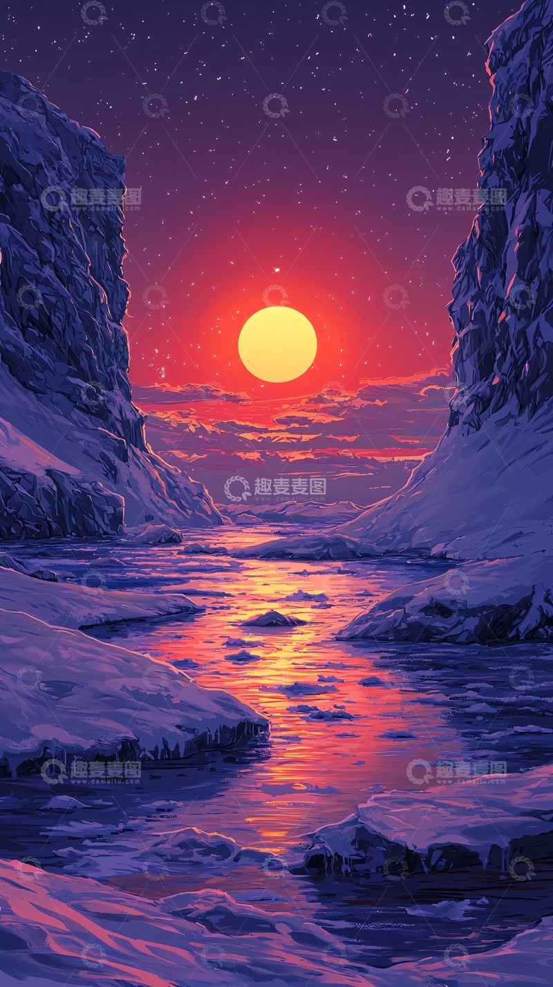 高清大图下载【趣麦麦图】寒冬山谷的红月景色