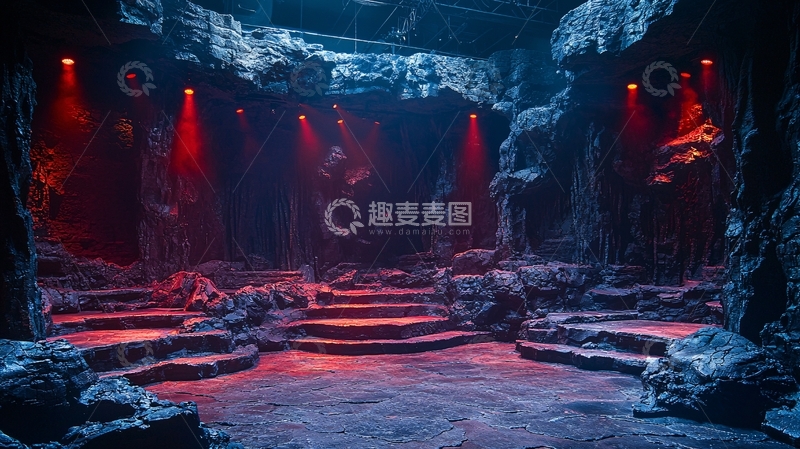 高清大图下载【趣麦麦图】红蓝光照射下的岩石洞穴舞台
