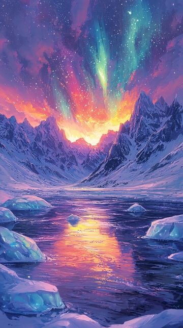 极光下的冰雪山脉