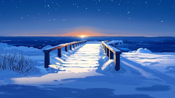 冬季雪地栈桥日出美景