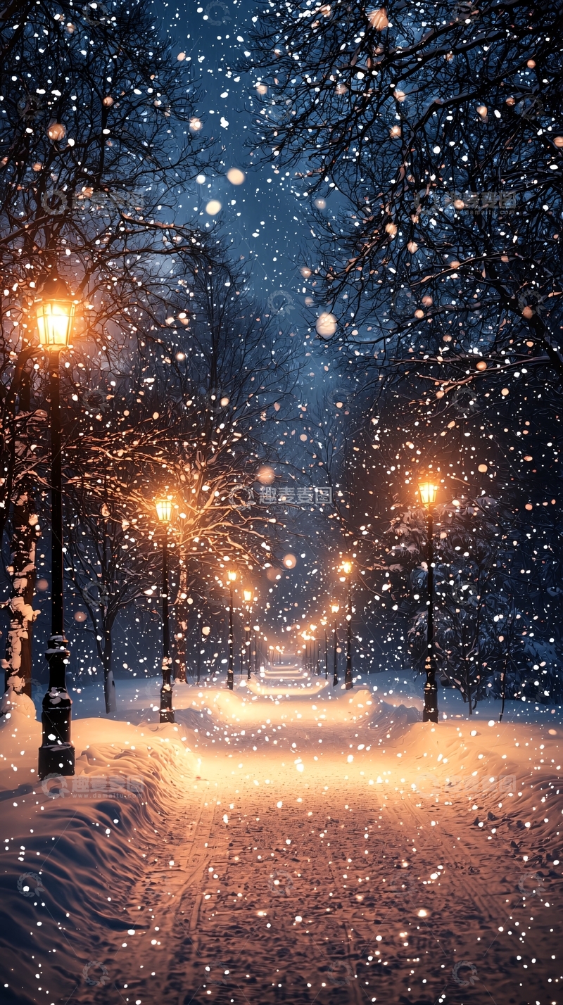 高清大图下载【趣麦麦图】雪夜路灯