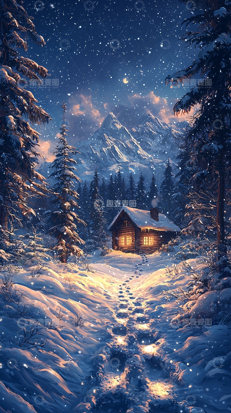 高清大图下载【趣麦麦图】雪夜小屋的温暖灯光