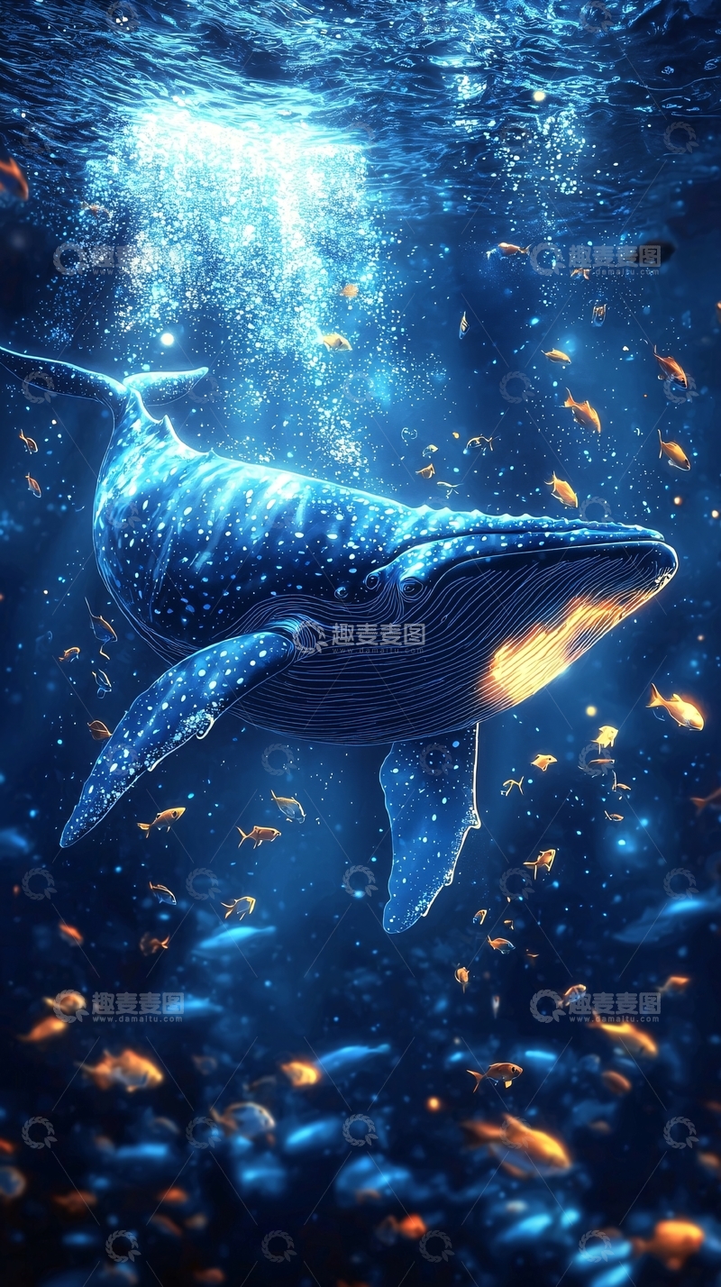 高清大图下载【趣麦麦图】深海鲸鱼与成群小鱼