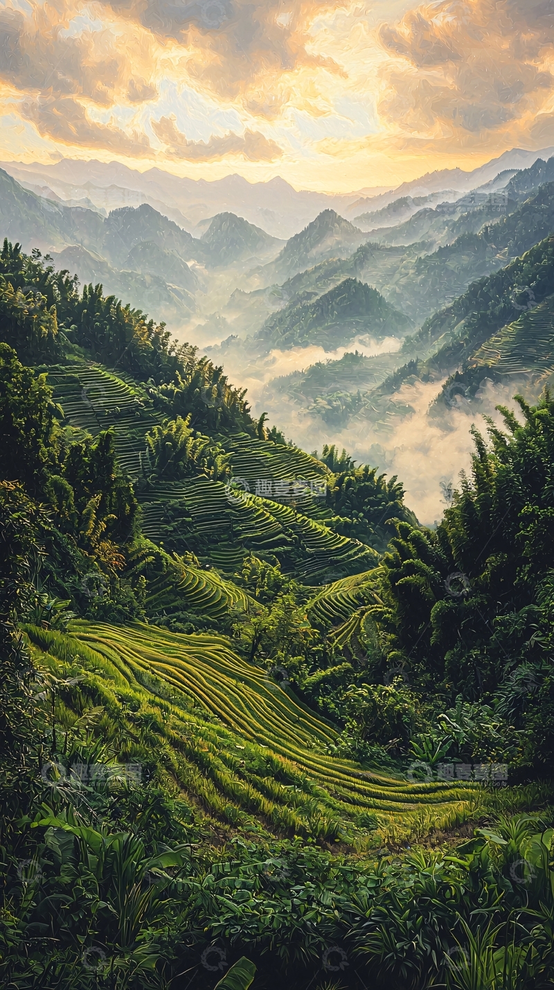 高清大图下载【趣麦麦图】翠绿梯田云雾缭绕