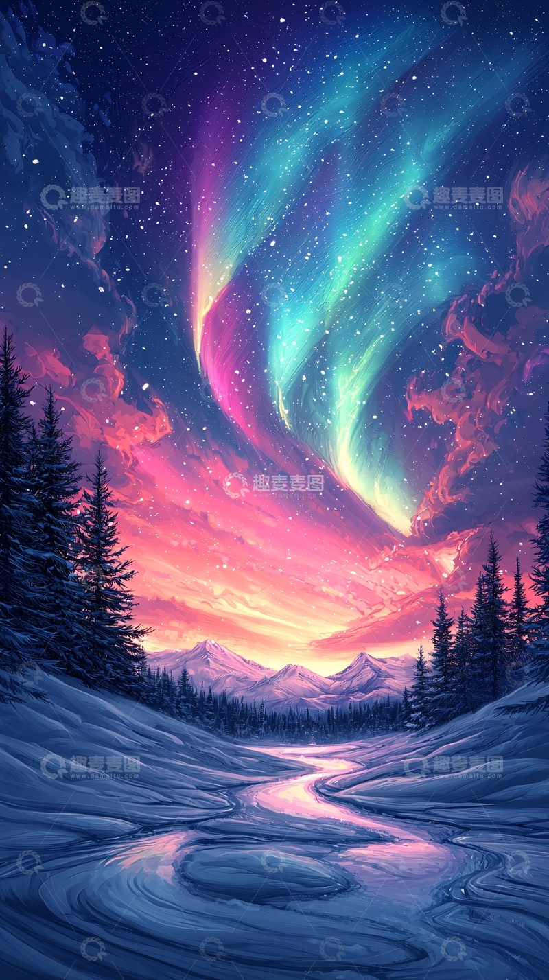 高清大图下载【趣麦麦图】极光下的冬季雪景