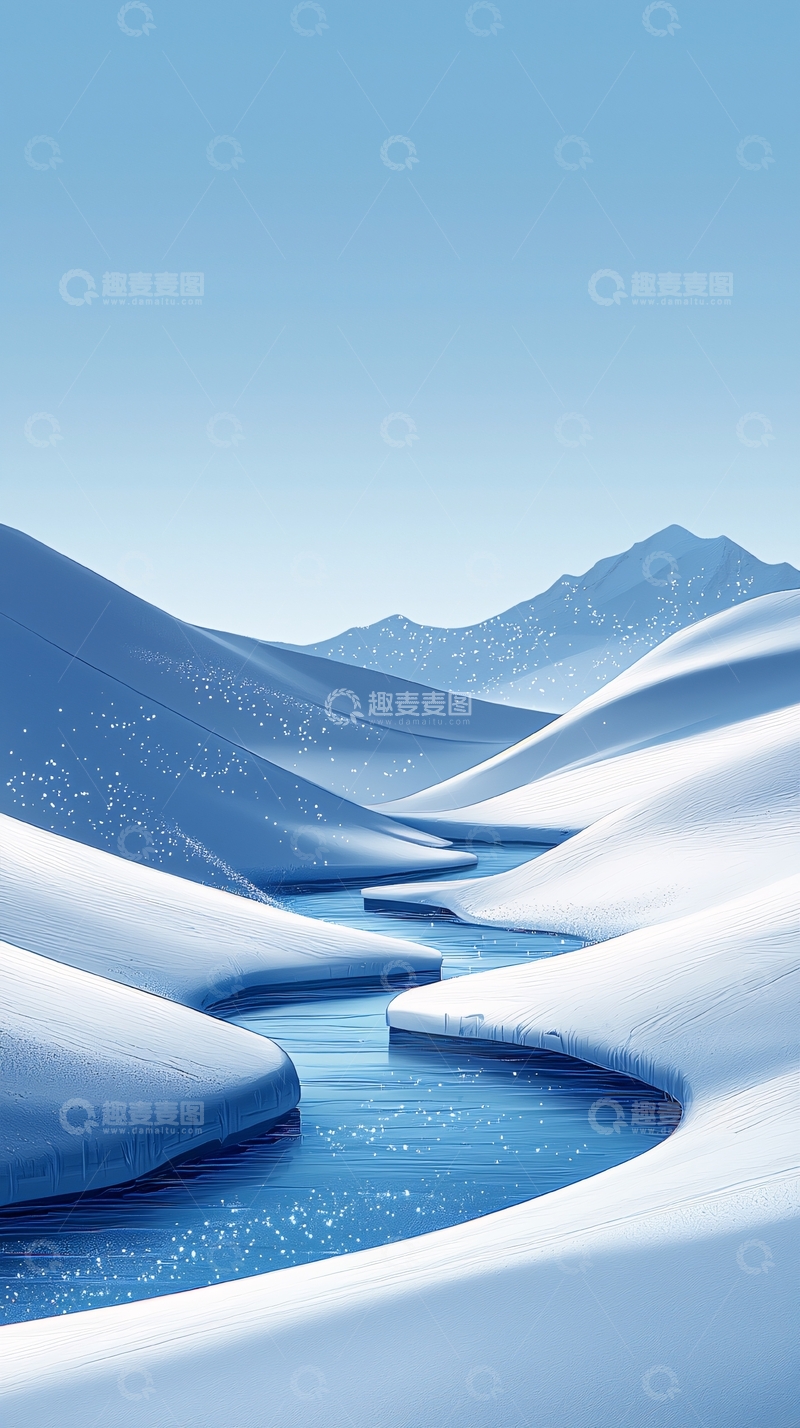 高清大图下载【趣麦麦图】雪山河流平静流淌