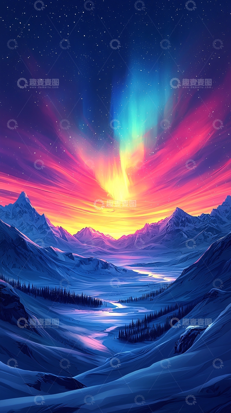 高清大图下载【趣麦麦图】极光雪山梦幻风景