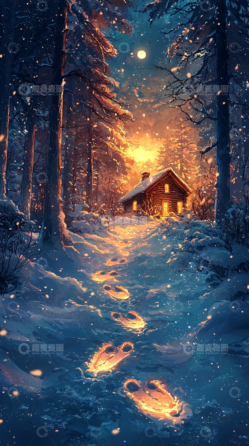高清大图下载【趣麦麦图】雪夜小屋温馨灯光