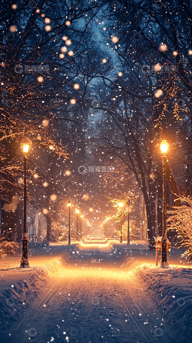 高清大图下载【趣麦麦图】冬日雪夜公园路灯