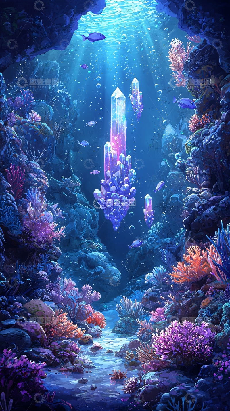 高清大图下载【趣麦麦图】-海底晶洞水晶簇光线柔和唯美