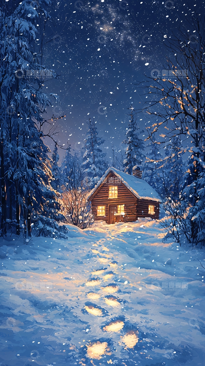 高清大图下载【趣麦麦图】雪夜中的小屋