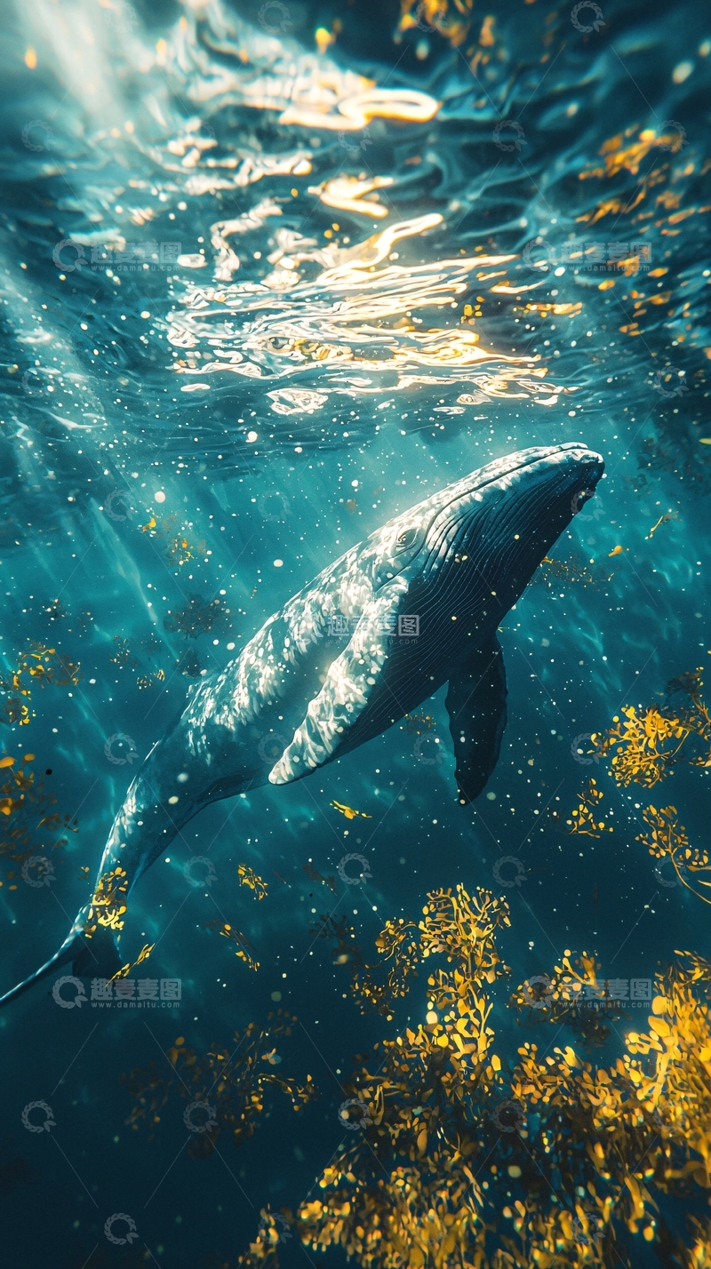高清大图下载【趣麦麦图】鲸鱼在阳光穿透的海水中畅游