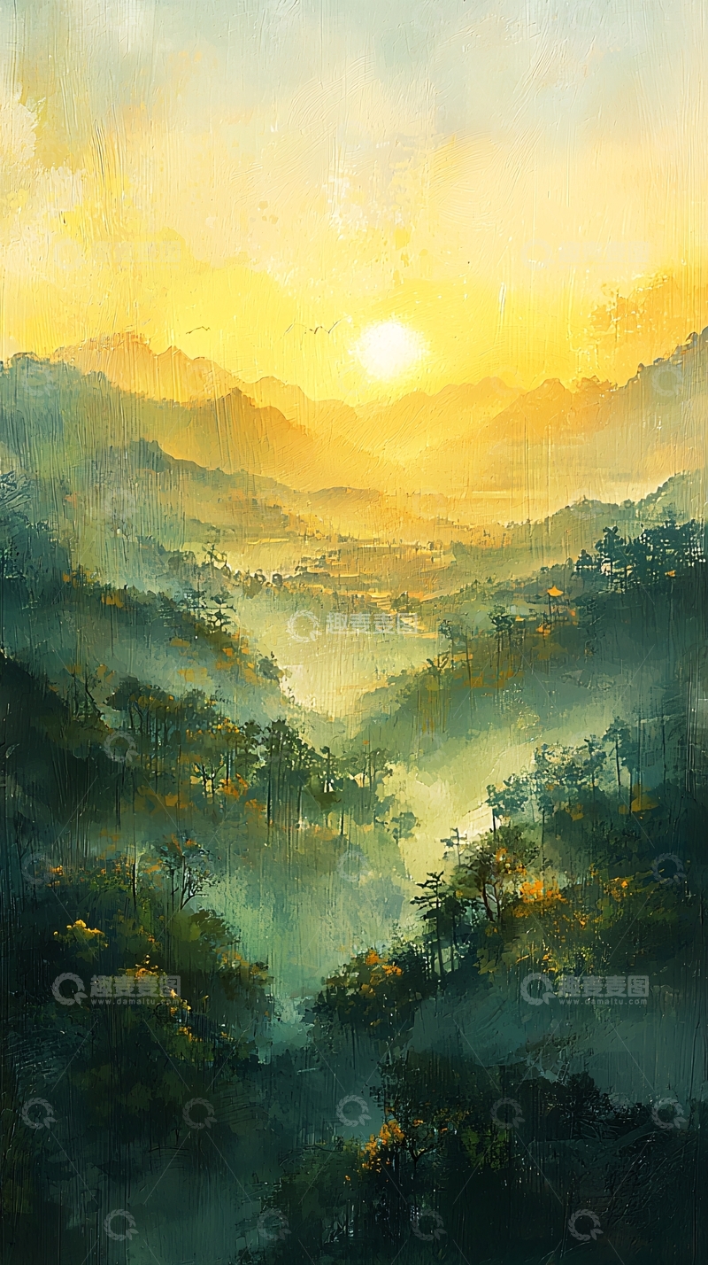 高清大图下载【趣麦麦图】山间日出水彩画