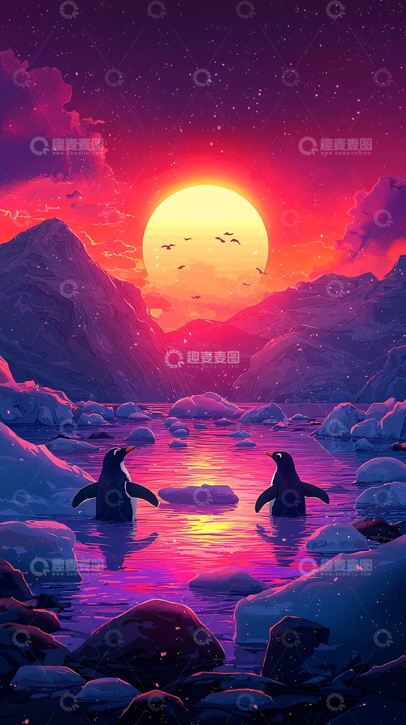 高清大图下载【趣麦麦图】梦幻极光下企鹅戏水