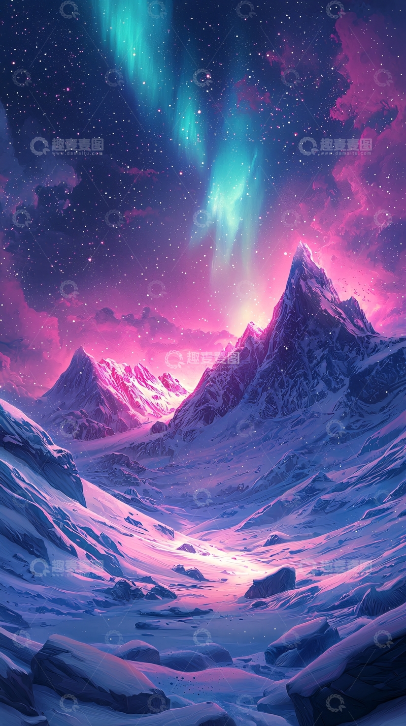 高清大图下载【趣麦麦图】极光下的雪山山脉