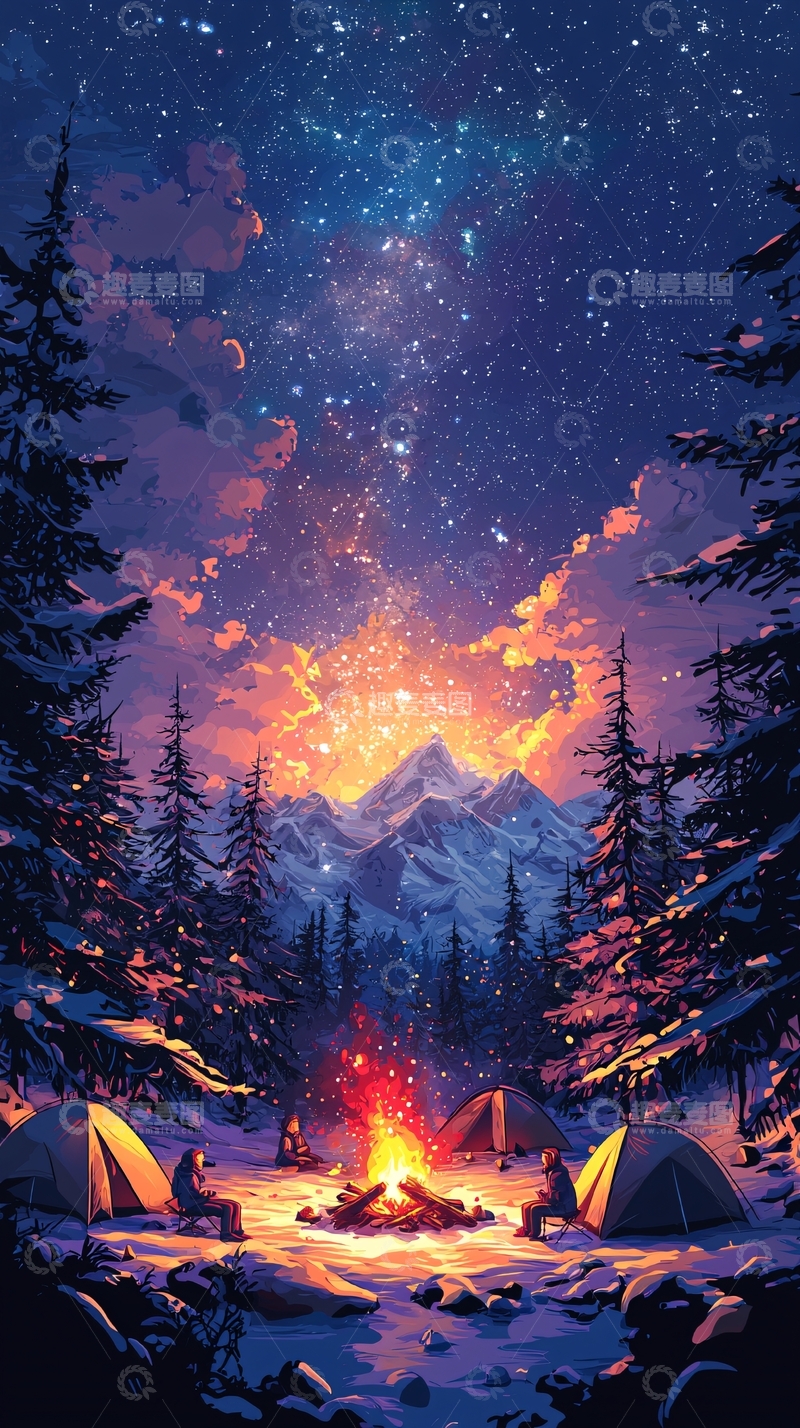 高清大图下载【趣麦麦图】夜空下的营地篝火