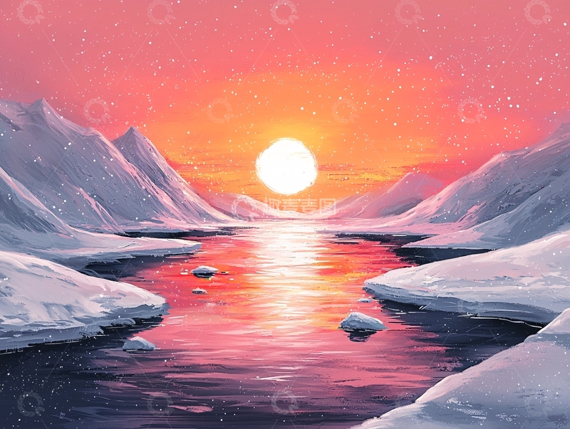 高清大图下载【趣麦麦图】冰雪覆盖的宁静湖面日出