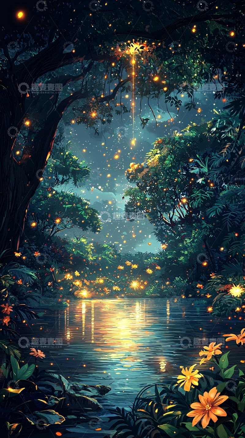 高清大图下载【趣麦麦图】萤火虫森林夜景