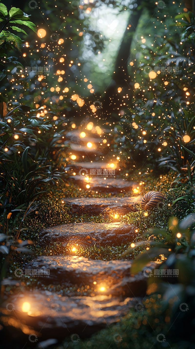 高清大图下载【趣麦麦图】森林小路上的萤火虫