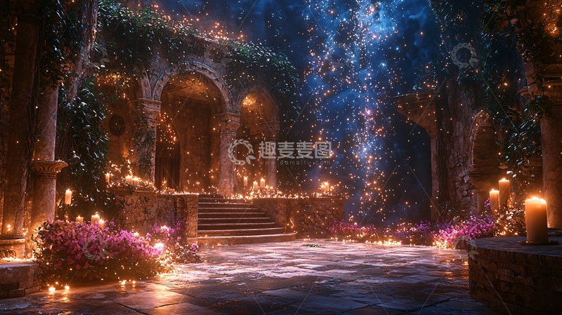 高清大图下载【趣麦麦图】夜晚庭院烛光