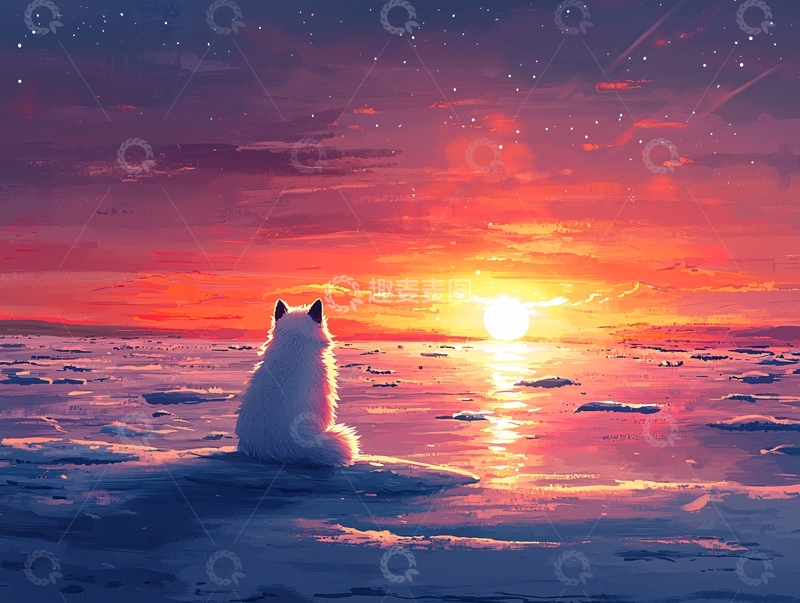 高清大图下载【趣麦麦图】白猫眺望壮丽日落的背影