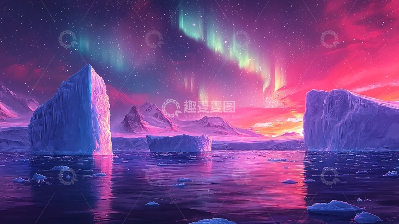 高清大图下载【趣麦麦图】冰川极光绚丽夜空